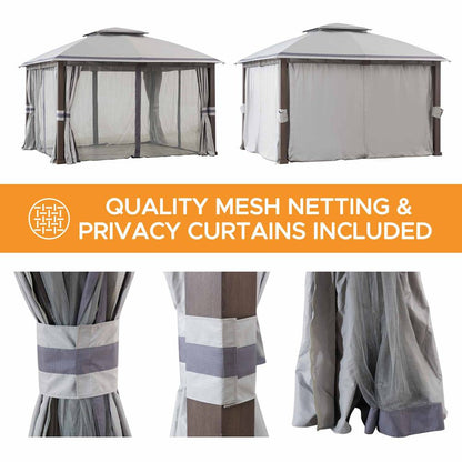 Mazonvintage Outdoor Patio Steel Frame 11x13 Gazebo 2-Tier Soft Top Gazebo with Netting and Curtains - Gray