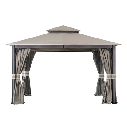 Mazonvintage 11x13 Soft Top Gazebo with Netting & Curtains, Patio Gazebo with 2-Tier Roof and Ceiling Hook - Light Gray