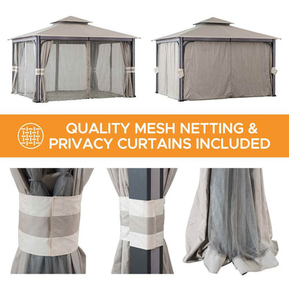 Mazonvintage 11x13 Soft Top Gazebo with Netting & Curtains, Patio Gazebo with 2-Tier Roof and Ceiling Hook - Light Gray