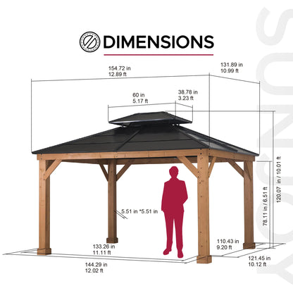 Mazonvintage 11x13 Cedar Hardtop Gazebo with Heavy-Duty Steel Roof & Ceiling Hook - Natural Cedar