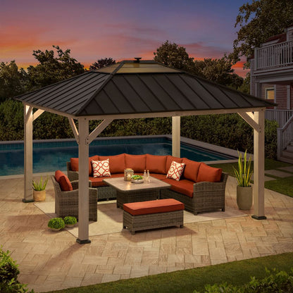 Mazonvintage 11x13 Wooden Gazebo with Solar Panel, LED Lights and Ceiling Hook - Driftwood Cedar