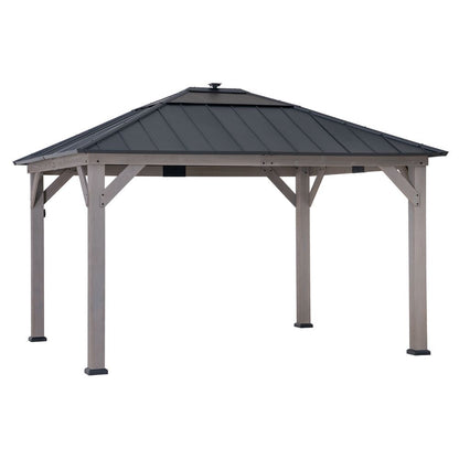 Mazonvintage 11x13 Wooden Gazebo with Solar Panel, LED Lights and Ceiling Hook - Driftwood Cedar