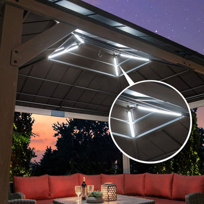 Mazonvintage 11x13 Wooden Gazebo with Solar Panel, LED Lights and Ceiling Hook - Driftwood Cedar