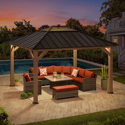 Mazonvintage 11x13 Wooden Gazebo with Solar Panel, LED Lights and Ceiling Hook - Weathered Cedar