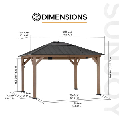 Mazonvintage 11x13 Wooden Gazebo with Solar Panel, LED Lights and Ceiling Hook - Weathered Cedar