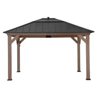 Mazonvintage 11x13 Wooden Gazebo with Solar Panel, LED Lights and Ceiling Hook - Weathered Cedar