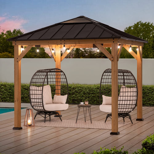 Mazonvintage 9x9 Cedar Gazebo with Brown Metal Roof and Ceiling Hook