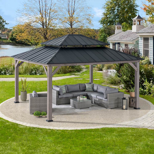 Mazonvintage 13x15 Wooden Backyard Gazebo with Ceiling Hook - Driftwood Cedar