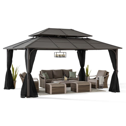Mazonvintage 12x16 Hard Top Gazebo with Steel Roof, Ceiling Hook, and Netting - Brown
