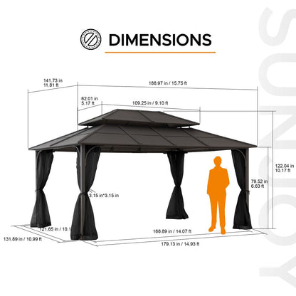 Mazonvintage 12x16 Hard Top Gazebo with Steel Roof, Ceiling Hook, and Netting - Brown