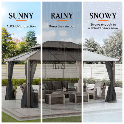 Mazonvintage 12x16 Hard Top Gazebo with Steel Roof, Ceiling Hook, and Netting - Brown