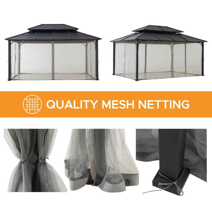 Mazonvintage 12x16 Hard Top Gazebo with Steel Roof, Ceiling Hook, and Netting - Black