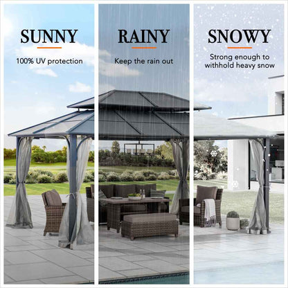 Mazonvintage 12x16 Hard Top Gazebo with Steel Roof, Ceiling Hook, and Netting - Black
