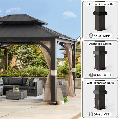 Mazonvintage 15x13 Hardtop Steel Gazebo with Netting, Ceiling Hook & Realistic Woodgrain Finish