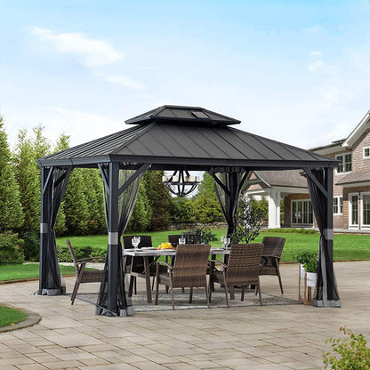 Mazonvintage 10x12 Hardtop Gazebo with Solar Panel and Netting