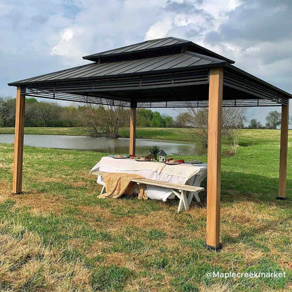 Mazonvintage 13x15 Hardtop Gazebo Outdoor Patio Black Steel Frame Gazebo with 2-Tier Steel Roof