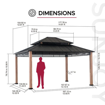 Mazonvintage 13x15 Hardtop Gazebo Outdoor Patio Black Steel Frame Gazebo with 2-Tier Steel Roof