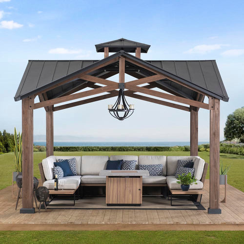 Mazonvintage 12.5x12.5 Wooden Frame Hardtop Gazebo with Ceiling Hook
