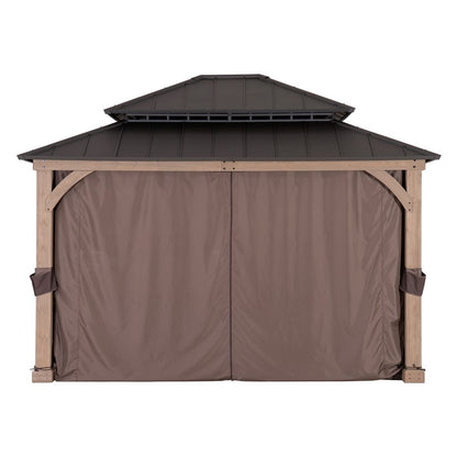 Mazonvintage 11x13 Wooden Gazebo with Double Steel Roof, Nettings and Curtains - Weathered Cedar