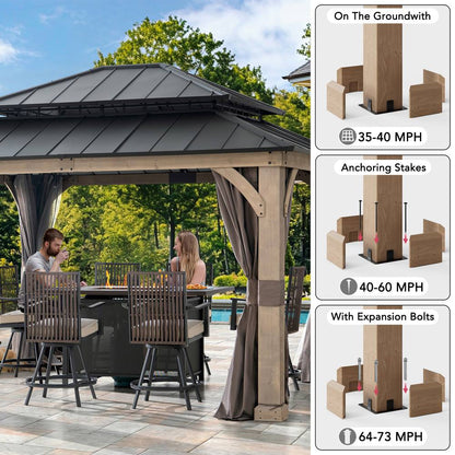 Mazonvintage 11x13 Wooden Gazebo with Double Steel Roof, Nettings and Curtains - Weathered Cedar