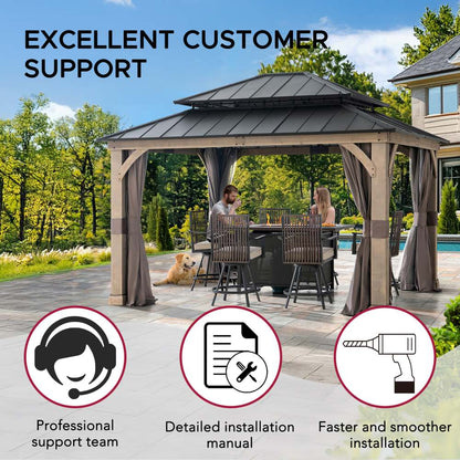 Mazonvintage 11x13 Wooden Gazebo with Double Steel Roof, Nettings and Curtains - Weathered Cedar