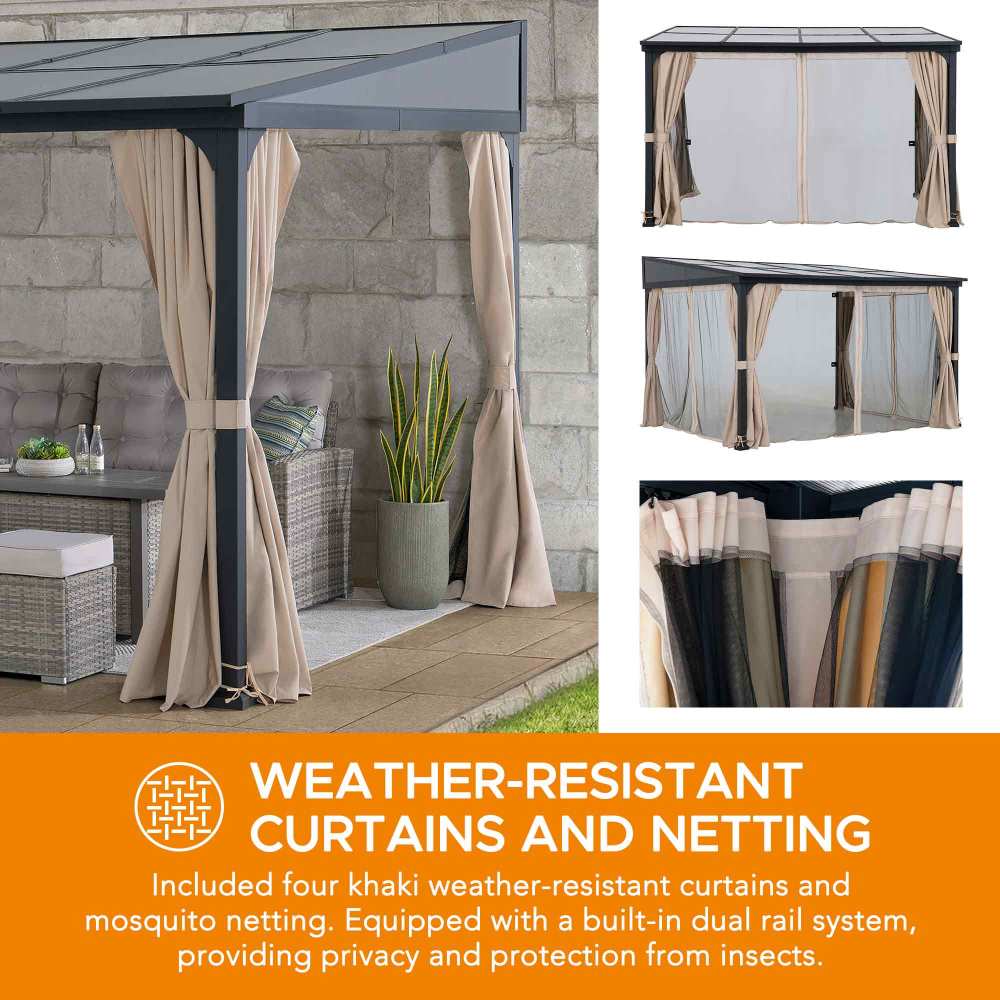 Mazonvintage 10x12 Polycarbonate Roof Wall Mounted Gazebo, Lean to Gazebo with Curtain and Netting
