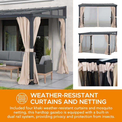 Mazonvintage 10x12 Metal Roof Wall Mounted Gazebo, Lean to Gazebo with Curtain and Netting