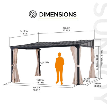 Mazonvintage 12x14 Metal Roof Wall Mounted Gazebo, Lean to Gazebo with Curtain and Netting