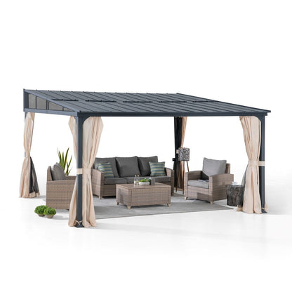 Mazonvintage 12x14 Metal Roof Wall Mounted Gazebo, Lean to Gazebo with Curtain and Netting