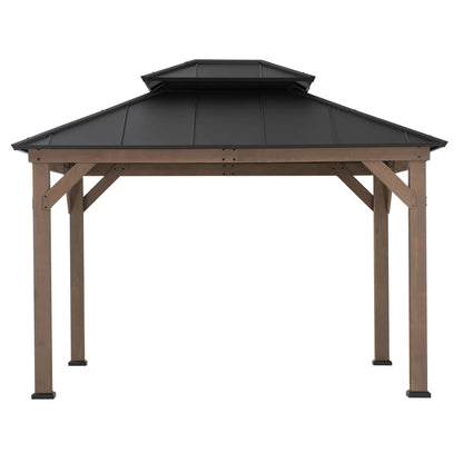 Mazonvintage 10x12 Wood Gazebo with 2-tier Metal Roof and Ceiling Hook - Weathered Cedar