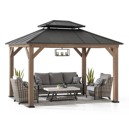 Mazonvintage 10x12 Wood Gazebo with 2-tier Metal Roof and Ceiling Hook - Weathered Cedar