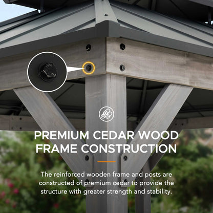 Mazonvintage 10x12 Wood Gazebo with 2-tier Metal Roof and Ceiling Hook - Driftwood Cedar