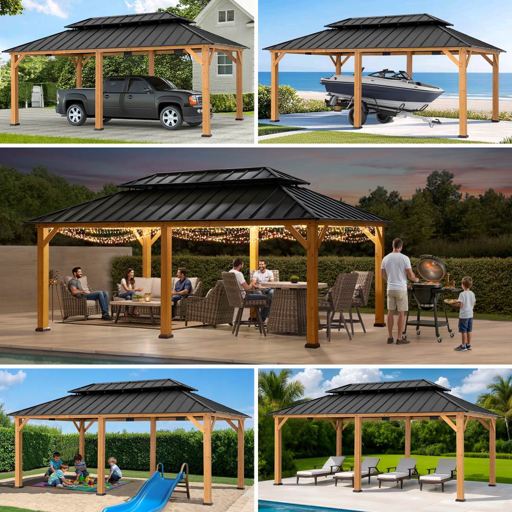 Mazonvintage 12x20 Cedar Frame Gazebo with Galvanized Steel Roof and Curtains
