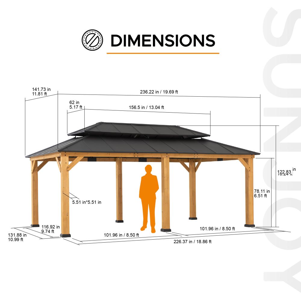 Mazonvintage 12x20 Aluminum Hardtop Gazebo with Dual Rails and Ceiling Hook - Natural Cedar