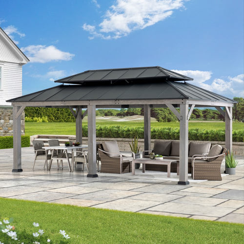 Mazonvintage 12x20 Aluminum Hardtop Gazebo with Dual Rails and Ceiling Hook - Driftwood Cedar