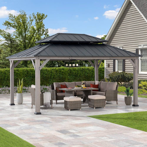 Mazonvintage 12x16 Wooden Gazebo with 2-tier Metal Roof and Ceiling Hook - Driftwood Cedar