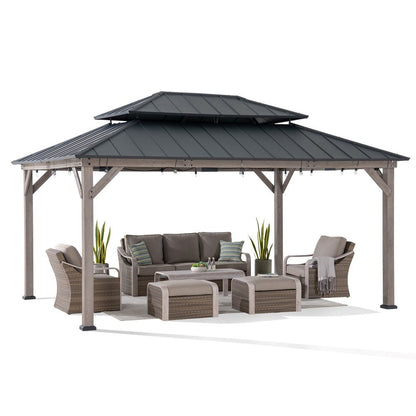 Mazonvintage 12x16 Wooden Gazebo with 2-tier Metal Roof and Ceiling Hook - Driftwood Cedar