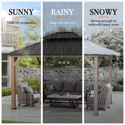 Mazonvintage 10x12 Cedar Wood Gazebo with Galvanized Steel Roof, LED String Lights & Mosquito Netting - Brown