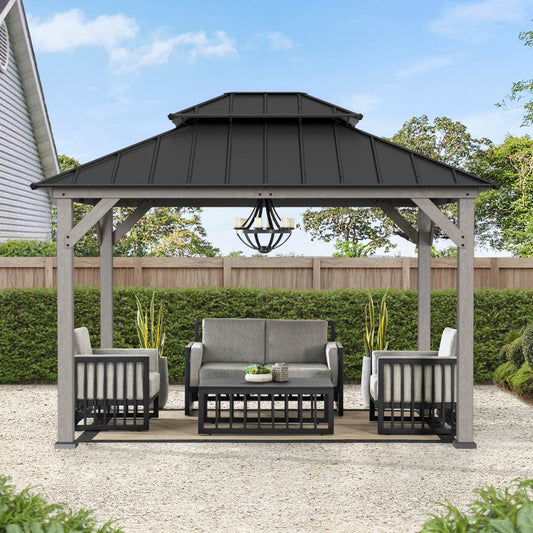 Mazonvintage 10x12 Cedar Wood Gazebo with Galvanized Steel Roof, LED String Lights & Mosquito Netting - Black