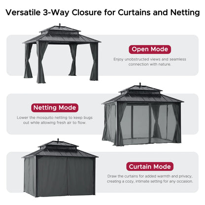 Mazonvintage Kingston 12x10 Gazebo with Netting & Curtain | Steel Roof - Gray Aluminum Posts