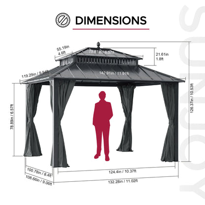 Mazonvintage Kingston 12x10 Gazebo with Netting & Curtain | Steel Roof - Gray Aluminum Posts