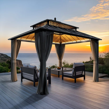 Mazonvintage Kingston 12x10 Gazebo with Netting & Curtain | Steel Roof - Gray Aluminum Posts