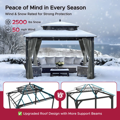 Mazonvintage Kingston 12x10 Gazebo with Netting & Curtain | Steel Roof - Gray Aluminum Posts