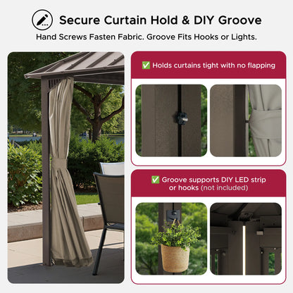 Mazonvintage Kingston 12x10 Gazebo with Netting & Curtain | Steel Roof - Brown Aluminum Posts