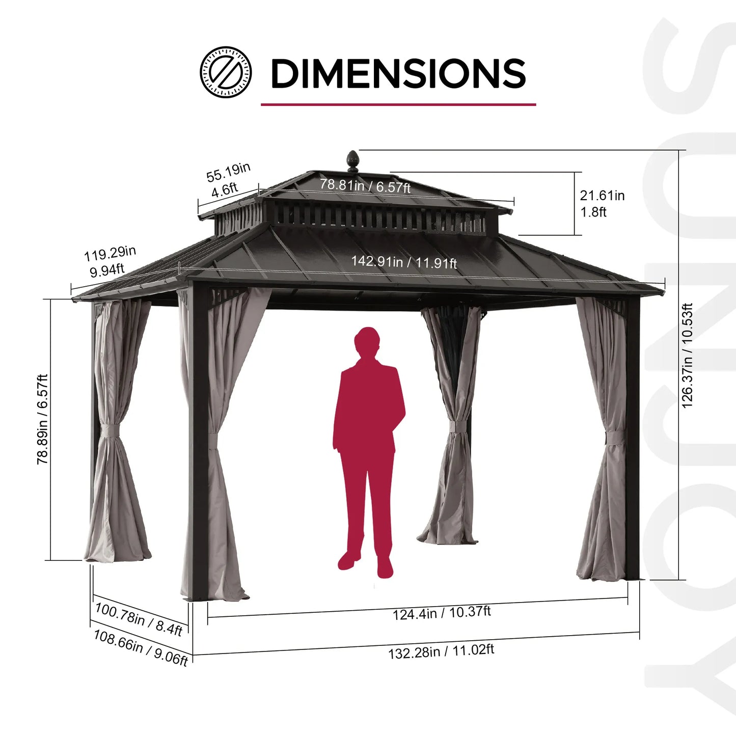 Mazonvintage Kingston 12x10 Gazebo with Netting & Curtain | Steel Roof - Brown Aluminum Posts