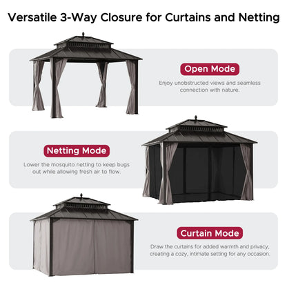 Mazonvintage Kingston 12x10 Gazebo with Netting & Curtain | Steel Roof - Brown Aluminum Posts