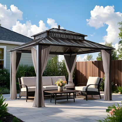 Mazonvintage Kingston 12x10 Gazebo with Netting & Curtain | Steel Roof - Brown Aluminum Posts