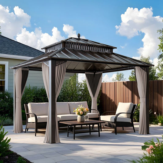 Mazonvintage Kingston 12x10 Gazebo with Netting & Curtain | Steel Roof - Brown Aluminum Posts