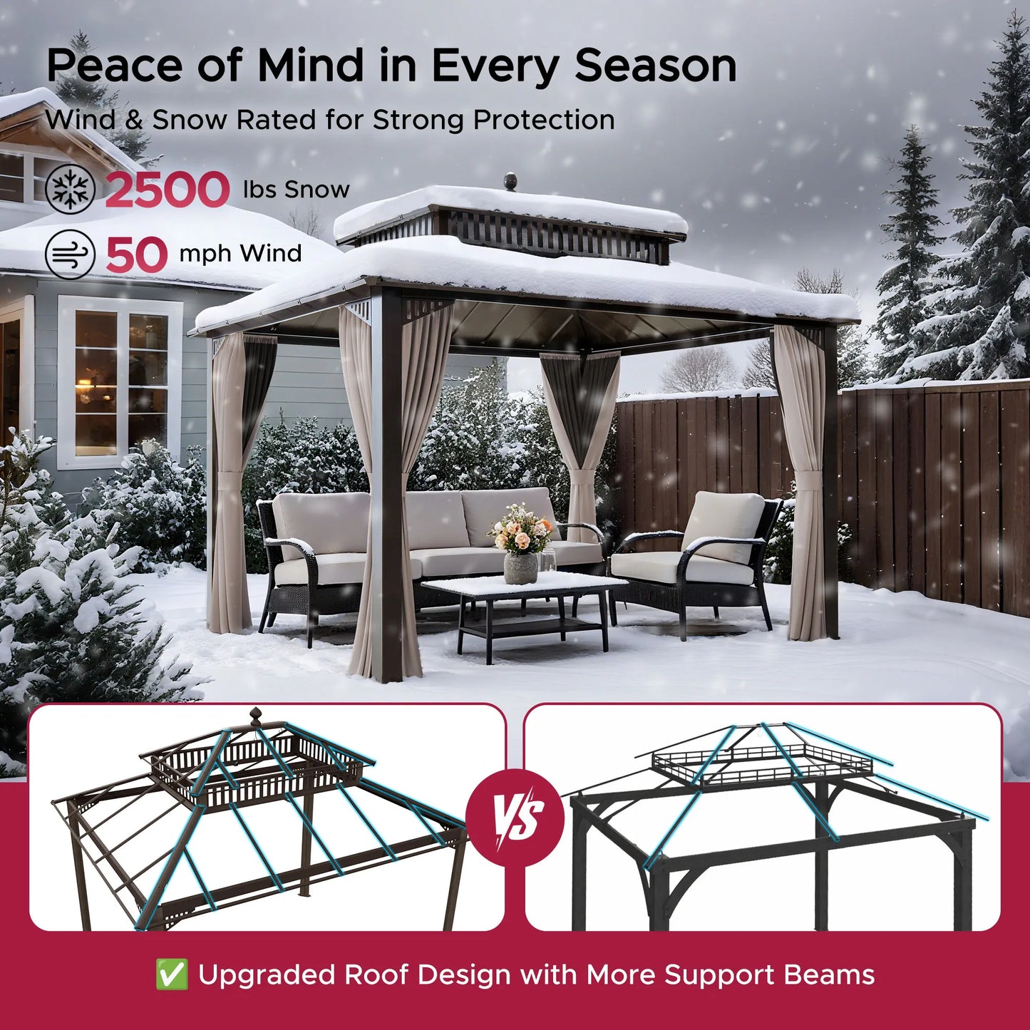 Mazonvintage Kingston 12x10 Gazebo with Netting & Curtain | Steel Roof - Brown Aluminum Posts