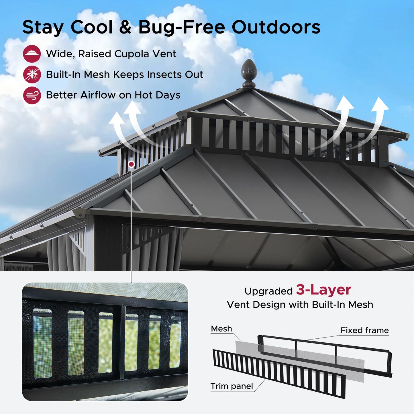 Mazonvintage Kingston 10x10 Gazebo with Netting & Curtain | Steel Roof - Gray Aluminum Posts
